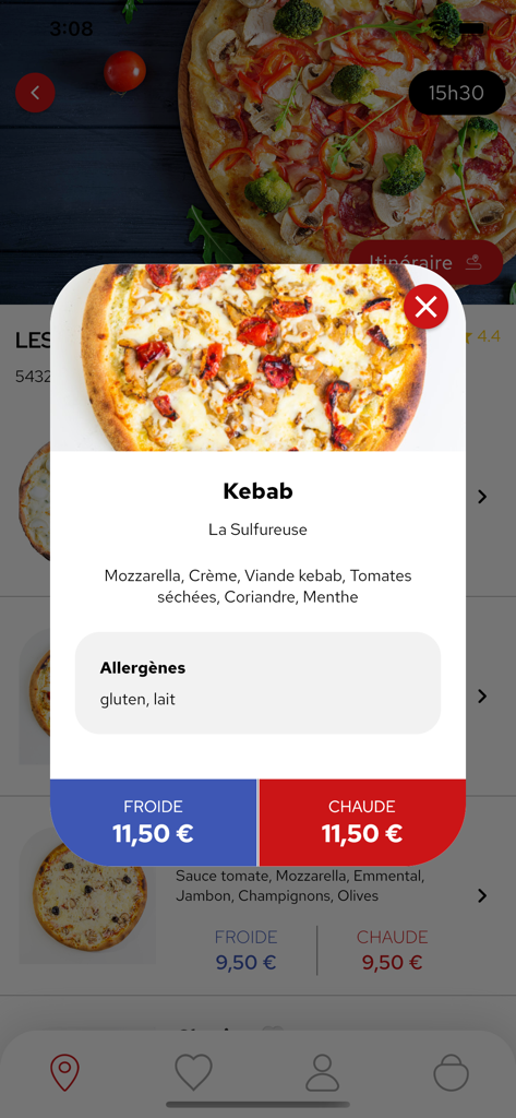Smart Pizza - Smart Pizza app screen showing kebab pizza ingredients and options to order hot or cold