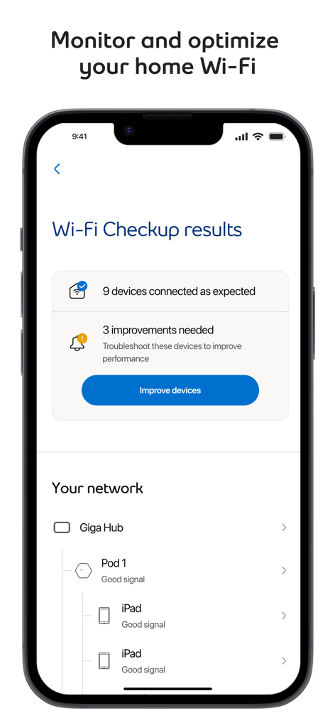 Écran de vérification et d'optimisation du réseau Wi-Fi à domicile de l'application MyBell