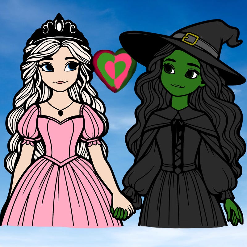 a princess and a witch holding hands realistic