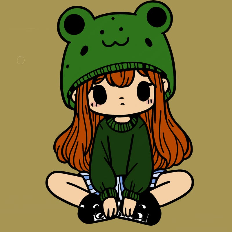a girl wearing a frog hat and some frog socks