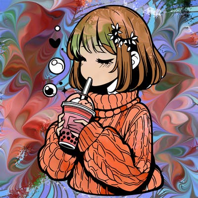 manga girl drinking boba in cozy sweater