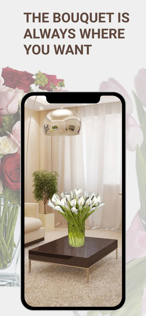 AR Virtual flowers and gifts - Smartphone displaying a virtual bouquet of white calla lilies on a coffee table using augmented reality