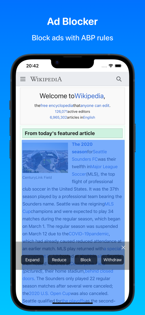 Focus - Userscripts & Player - Focus browser ad blocker interface showing manual element selection and ABP rules on a webpage