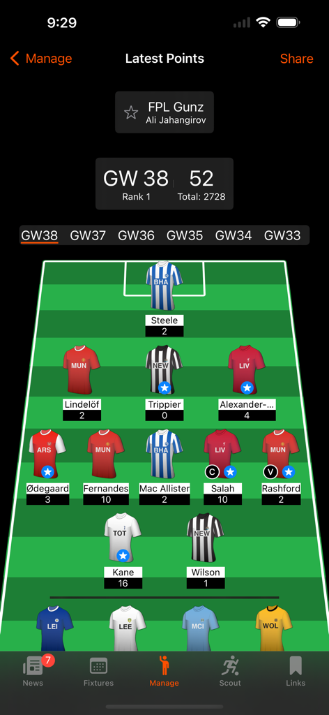 FPL Fantasy Football Manager app interface showing a virtual pitch with player jerseys and gameweek points.