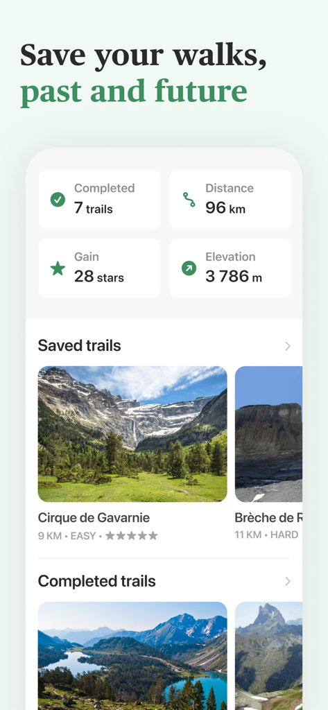 Hika - Hiking trails and maps - Profil utilisateur de l'application Hika affichant les statistiques de randonnée comme la distance et l'élévation à côté des sentiers sauvegardés et complétés.