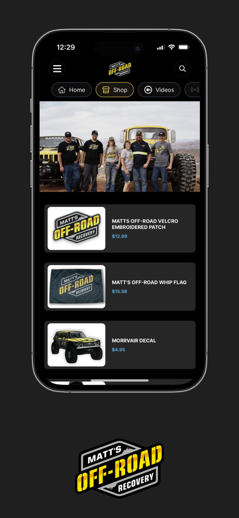 Interface da loja do aplicativo Matt's Off-Road Recovery com foto da equipe e listagens de mercadorias.
