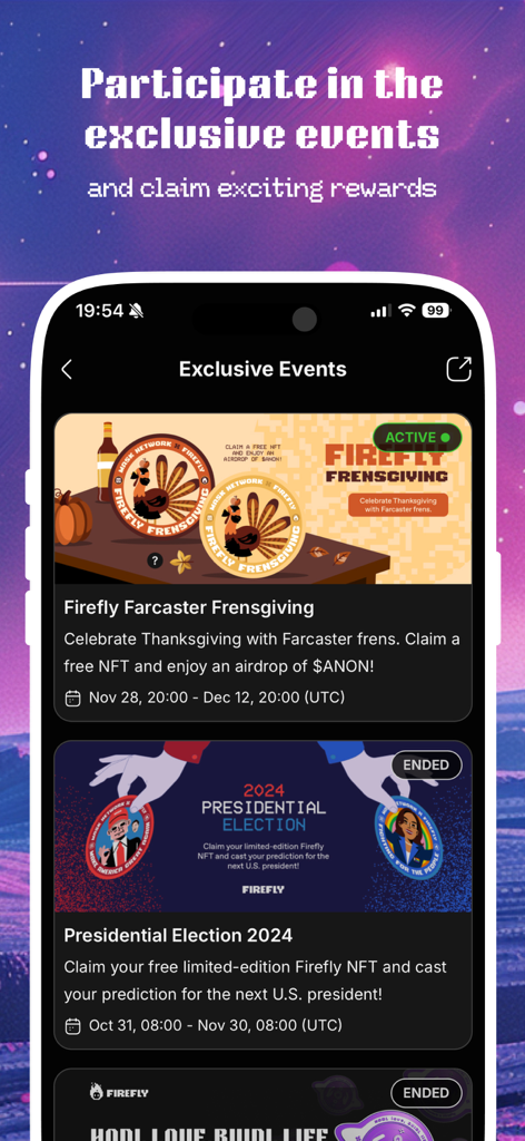 Firefly: Web3 Everything App - Mobile screen showing exclusive events and NFT rewards on the Firefly Web3 app.