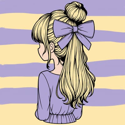 realistic girl  with hip length hair a bun and a big bow on the back of head
