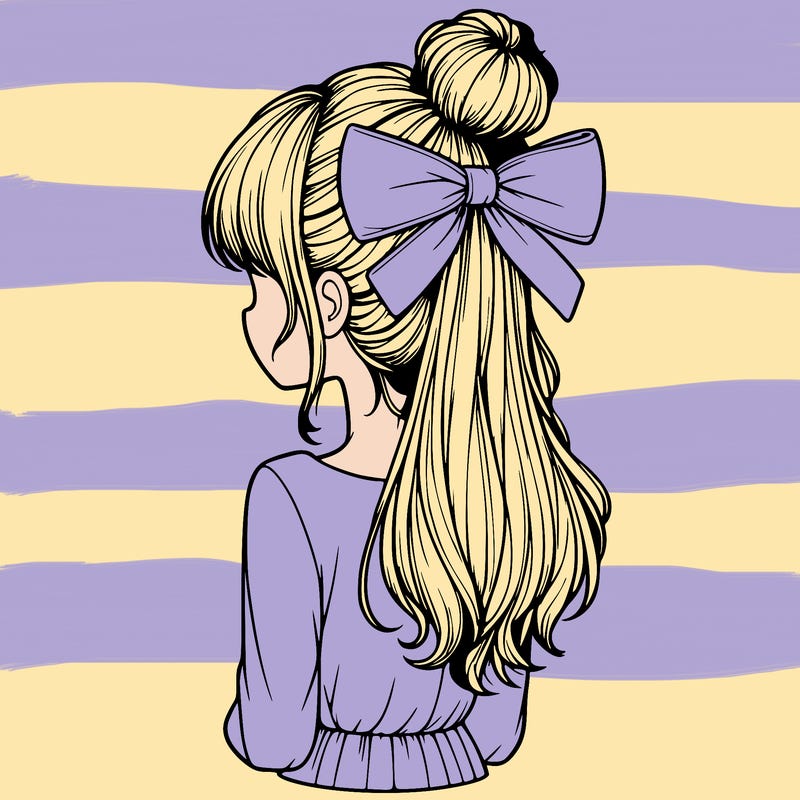 realistic girl  with hip length hair a bun and a big bow on the back of head
