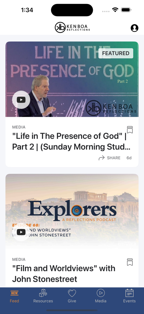 Reflections Ministries - Reflections Ministries app interface showing a feed of biblical study videos and podcasts