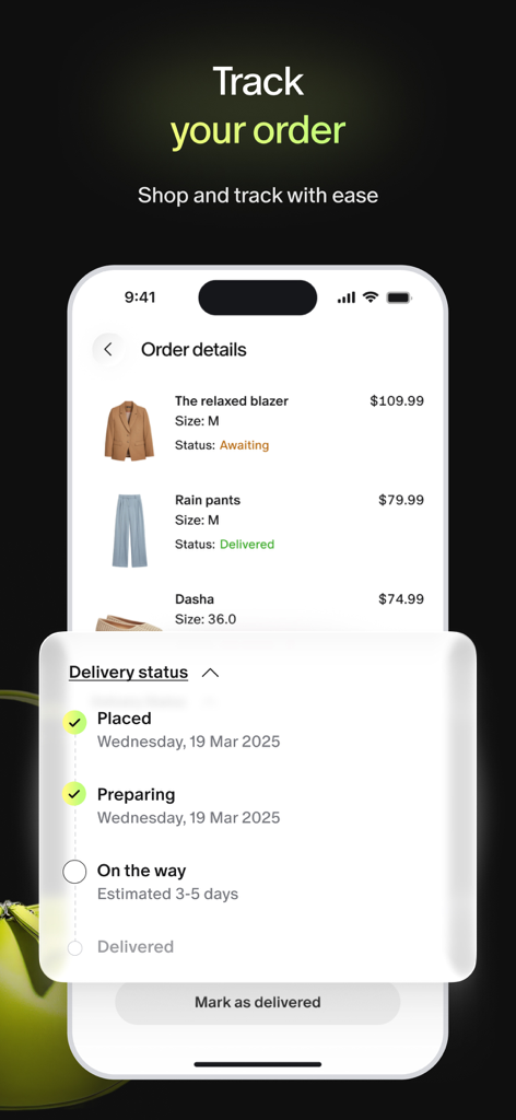 Lumi: styling & shopping - Interfaz de la aplicación Lumi que muestra los detalles del pedido y una línea de tiempo del estado de entrega de artículos de moda.