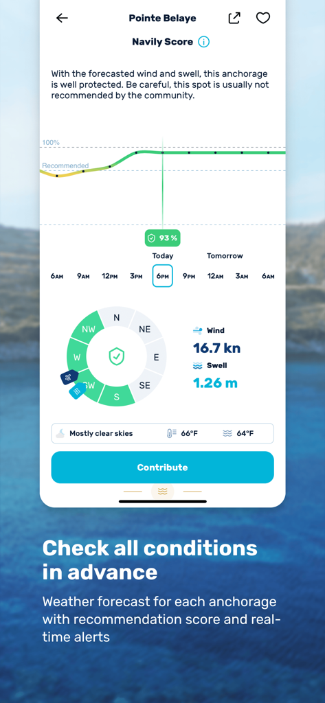 Navily app screenshot showing real-time weather conditions and protection score for a boat anchorage