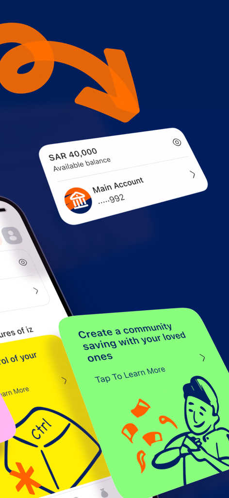 Mobile app interface of iz banking showing main account balance and a community saving feature card
