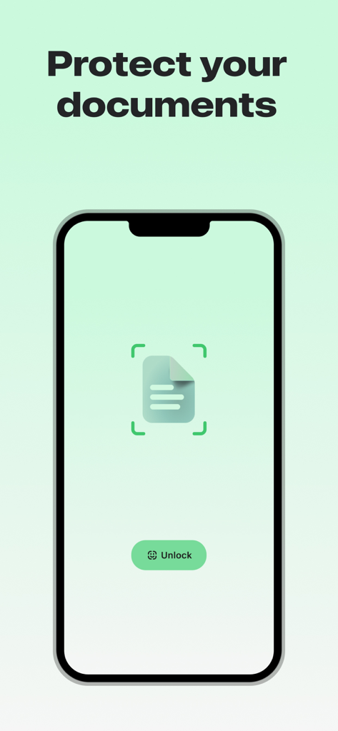Text Scanner OCR Image to Text - Interfaz de la aplicación Text Scanner OCR que muestra protección de documentos y botón de desbloqueo Face ID