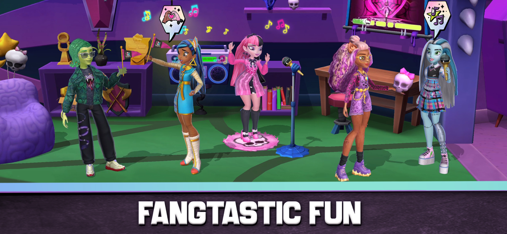 Monster High Fangtastic Life - モンスター・ハイのキャラクターたちが音楽室で歌ったり踊ったりしている様子。「ファントスティック・ファン」というスローガンが表示されている