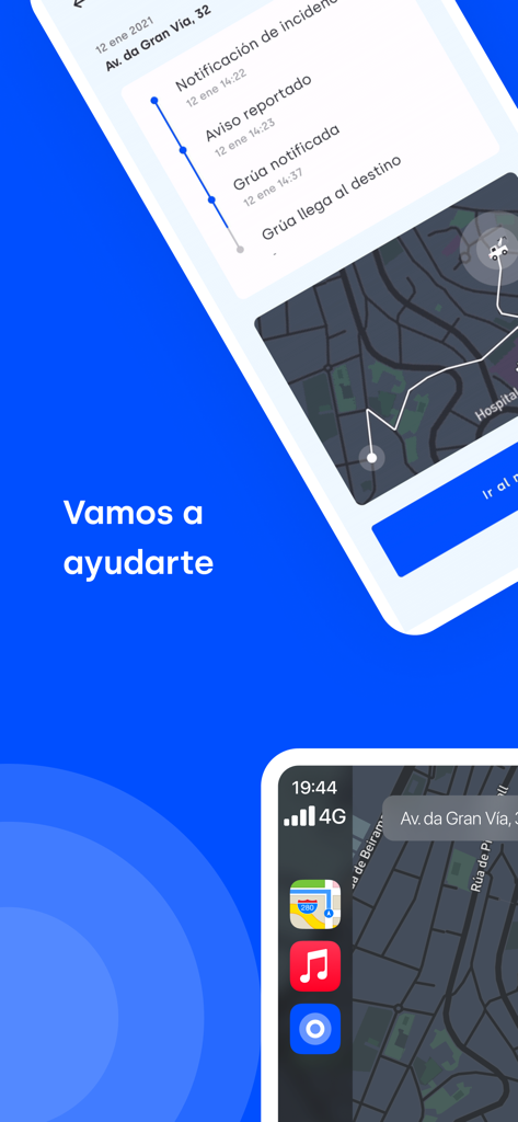 myIncidence - Pantallas móviles que muestran el seguimiento de asistencia en carretera y los informes de incidentes en la aplicación myIncidence.