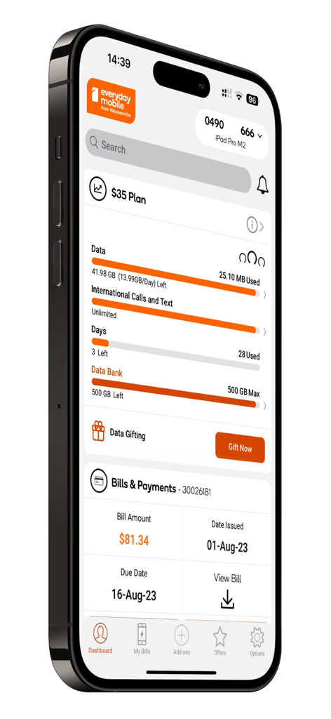 Everyday Mobile (Woolworths) - Everyday Mobile app dashboard displaying data usage details data bank balance and bill payment information on an iPhone