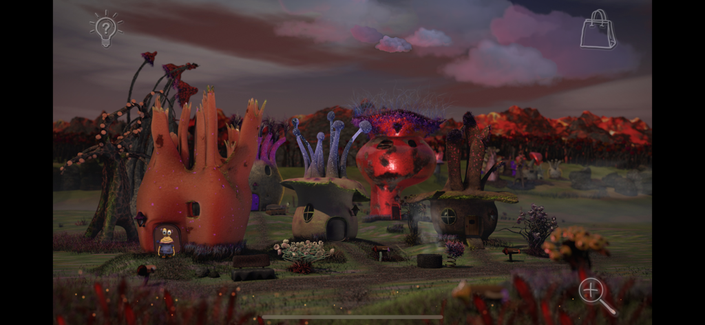 Avolteha View - A colorful alien landscape with organic mushroom shaped houses and a small character in the game Avolteha View.