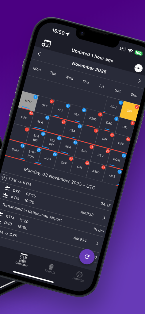 SkyCrew - Airlines Roster - Application SkyCrew affichant le calendrier des vols mensuels et les détails du roster pour le personnel de compagnie aérienne