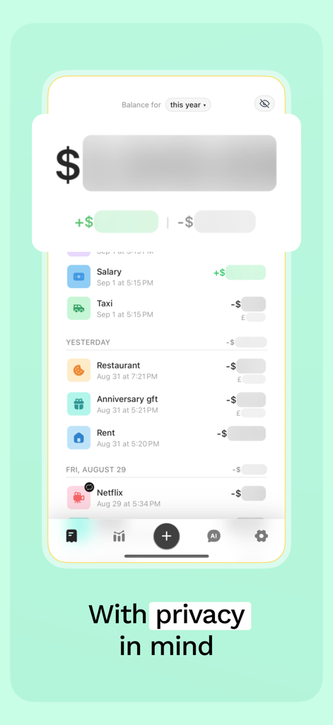 Spending Tracker: Sumi - Sumi app transaction history showing blurred balance totals for user privacy.