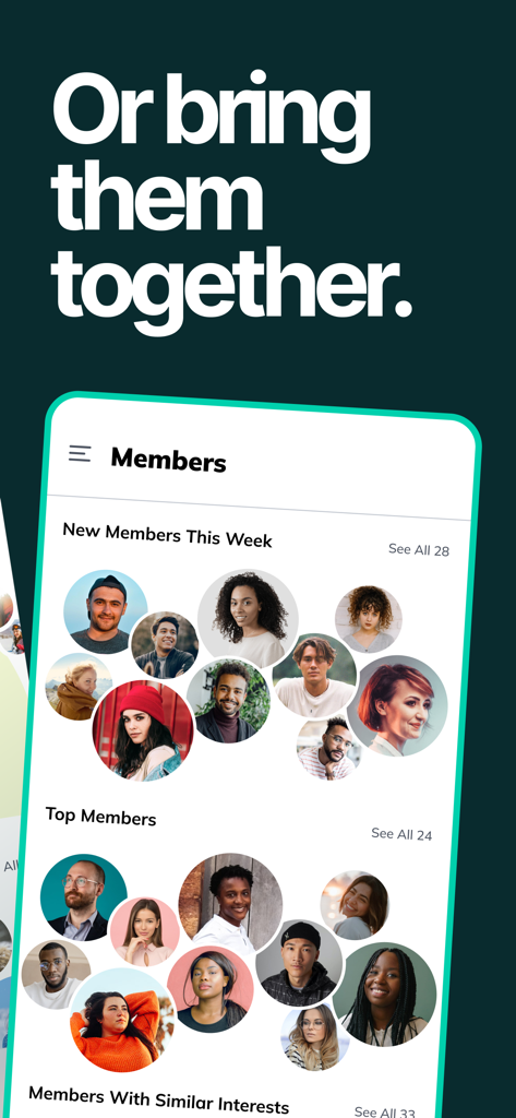 Mighty Networks app interface showing community member profiles organized by categories like New Members and Top Members.