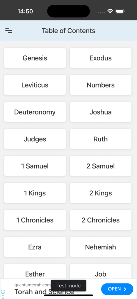 Douay Rheims Bible (DRB/DRV) - Table of contents screen for the Douay Rheims Bible app displaying a grid of Old Testament books like Genesis and Exodus