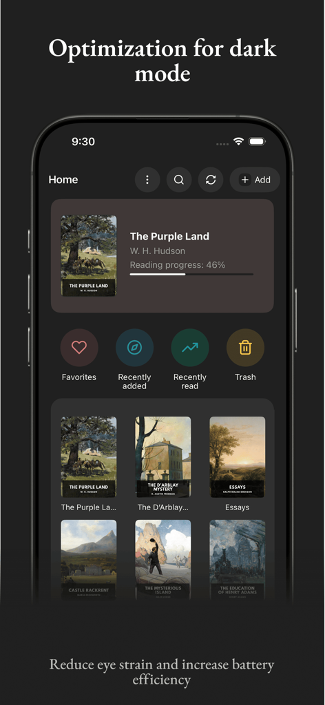 Koodo Reader - Koodo Reader library home screen in dark mode showing book covers and reading progress