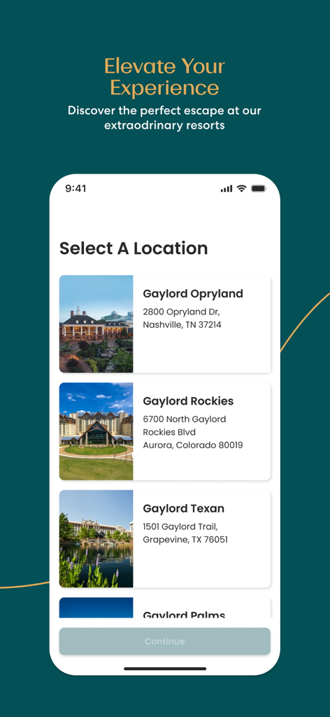 Gaylord Hotels resort app location selection screen showing various resort properties
