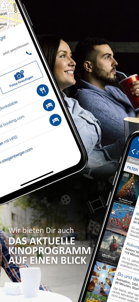 Das Örtliche Telefonbuch - Interfaz de la aplicación Das Örtliche mostrando listados de cine y opciones de reserva de servicios para restaurantes y hoteles