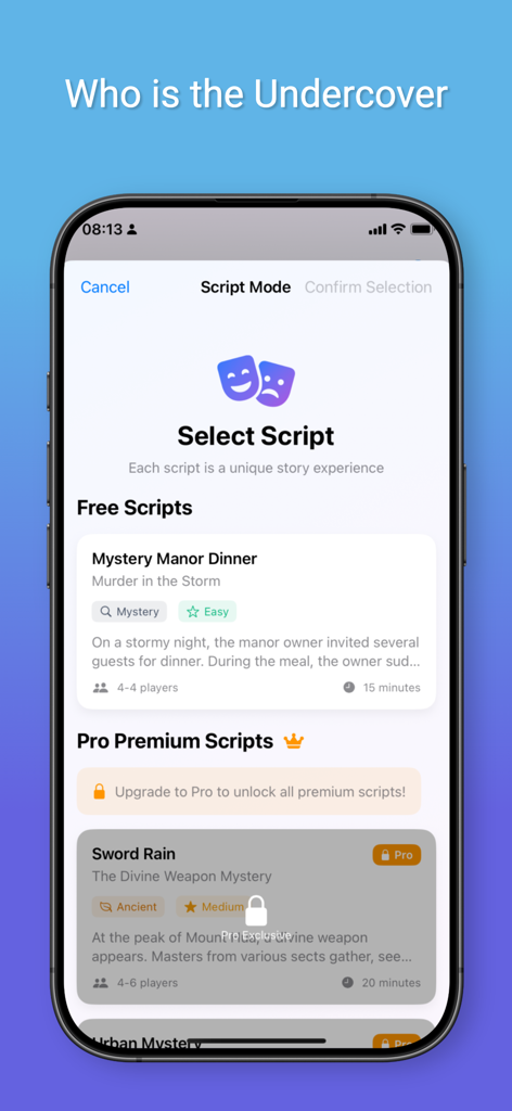 Who is Undercover--Party Game - Script selection screen for the Who is Undercover party game showing different mystery story options