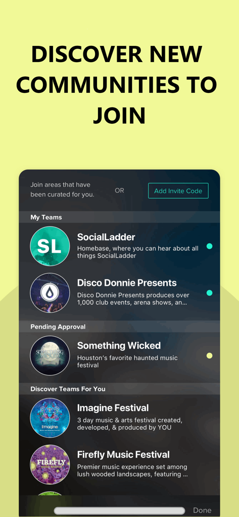 A mobile interface for the SocialLadder app showing a list of brand ambassador teams and music festivals like Imagine Festival and Firefly Music Festival.