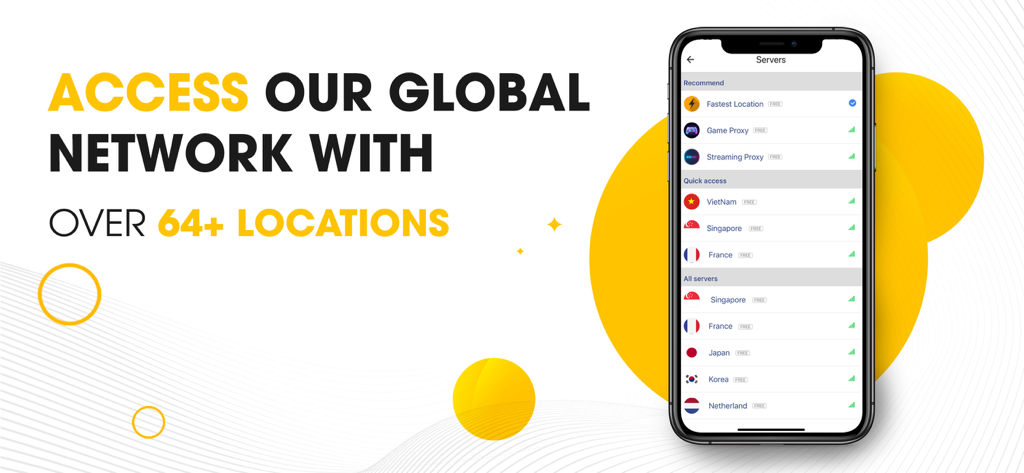 Lion VPN | Privacy & Security - Interfaccia dell'app Lion VPN che mostra un elenco di posizioni di server globali, tra cui Vietnam, Singapore e Francia