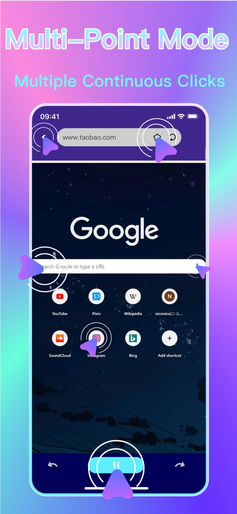 Auto Clicker - Taptap Clicker - Interfaz de la aplicación Auto Clicker que muestra el Modo Multipun to con múltiples puntos de clic en la pantalla de un smartphone.