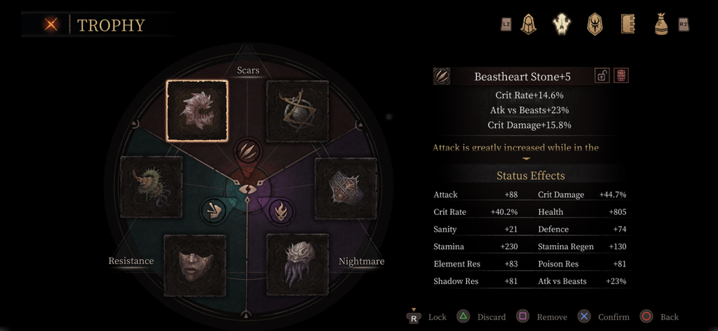 Pascal's Wager - 『Pascal's Wager』モバイルゲームのキャラクタートロフィーとステータス効果メニュー