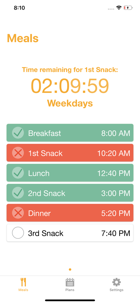 Meal Reminders - Mobile app screen showing a daily meal schedule with status indicators and a countdown timer for the next snack