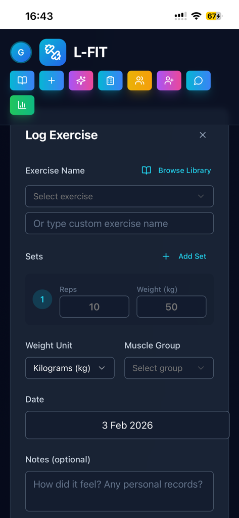 L-fit - L-fit mobile app interface for logging gym workout details including sets reps weight and muscle group