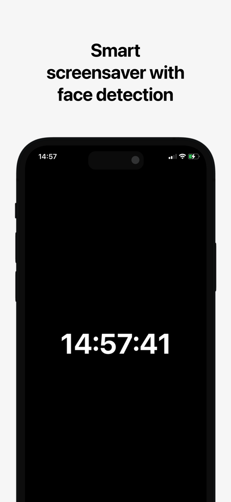 iPhone screen showing a digital clock screensaver with the text Smart screensaver with face detection