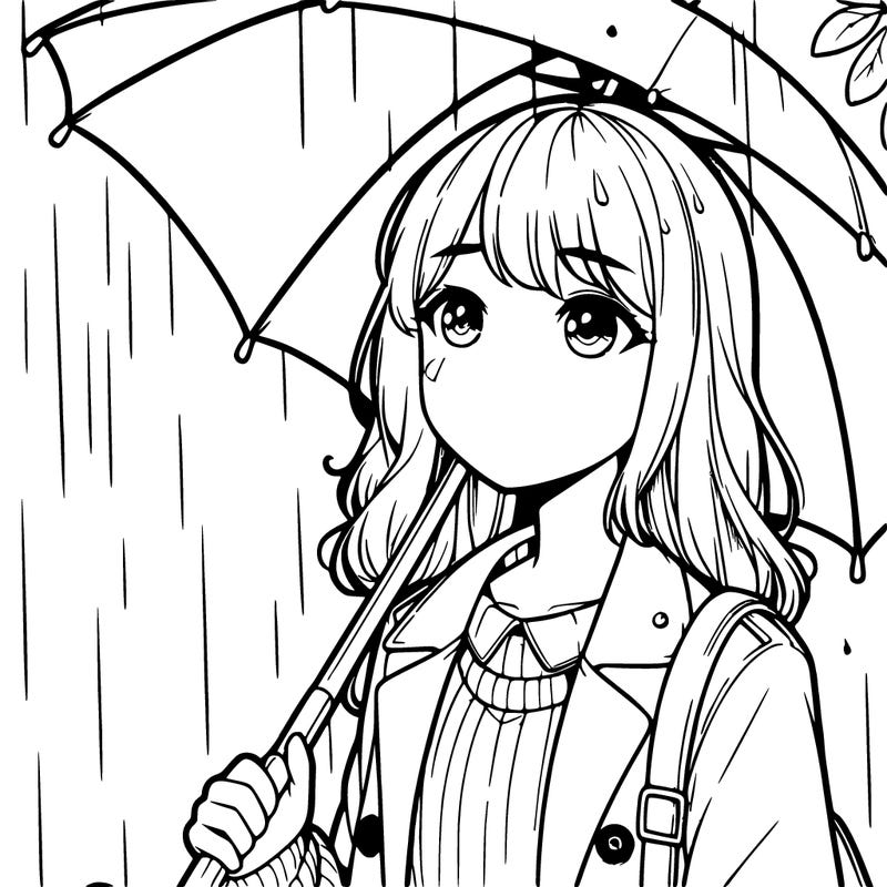 a realistic girl in the rain with an umbrella