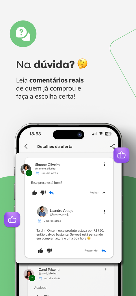 Promobit - Ofertas e Descontos - Interface do aplicativo Promobit mostrando comentários reais de usuários e feedback da comunidade sobre ofertas de compras.