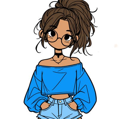 girl with a messy ponytail glasses a baggy crop top and jean shorts
