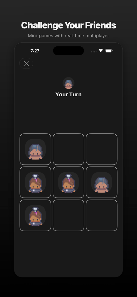 Peeps - For Friends & Couples - Uma tela de mini-game multiplayer em tempo real no aplicativo Peeps com avatares de pixel art em uma grade de Jogo da Velha.