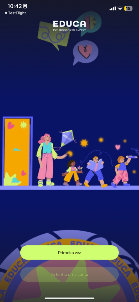 Educa Play - Onboarding screen of the Educa Play app featuring vibrant illustrations of a teacher and children walking together, with buttons to sign up or log in.