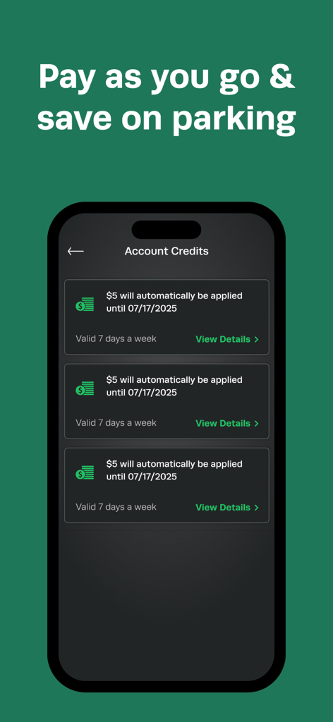 iParkit app screen showing account credits for garage parking savings