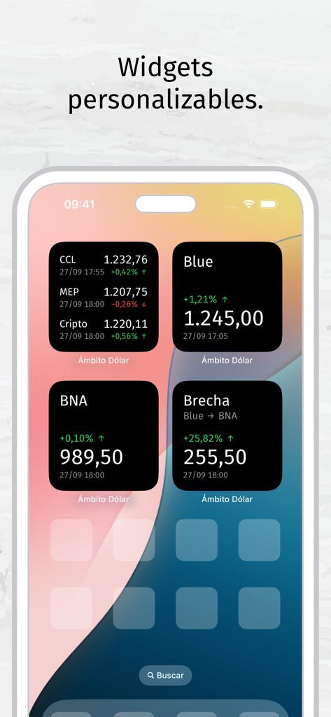 Ámbito Dólar - Screenshot of customizable widgets for the Ambito Dolar app showing real-time Argentine exchange rates on an iPhone home screen