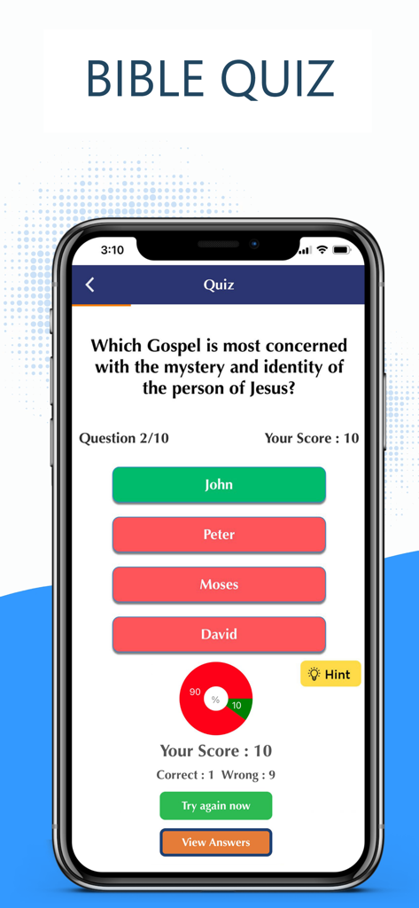 Interactive Bible quiz feature in the Spanish Bible app showing a question about the Gospels