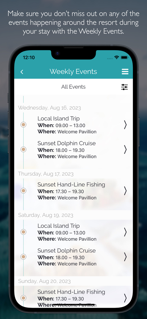 Jawakara - Weekly event schedule in the Jawakara app showing Maldives resort activities like dolphin cruises and island trips