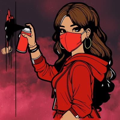 realistic girl with mask spray painting a wall