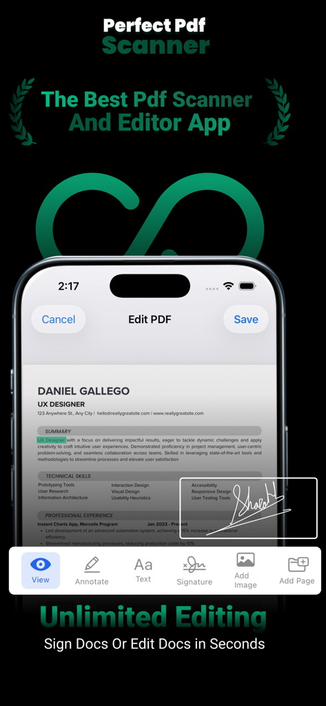 Perfect Pdf Scanner - Interfaz de la aplicación Perfect PDF Scanner en iPhone mostrando un currículum profesional siendo editado y firmado digitalmente.