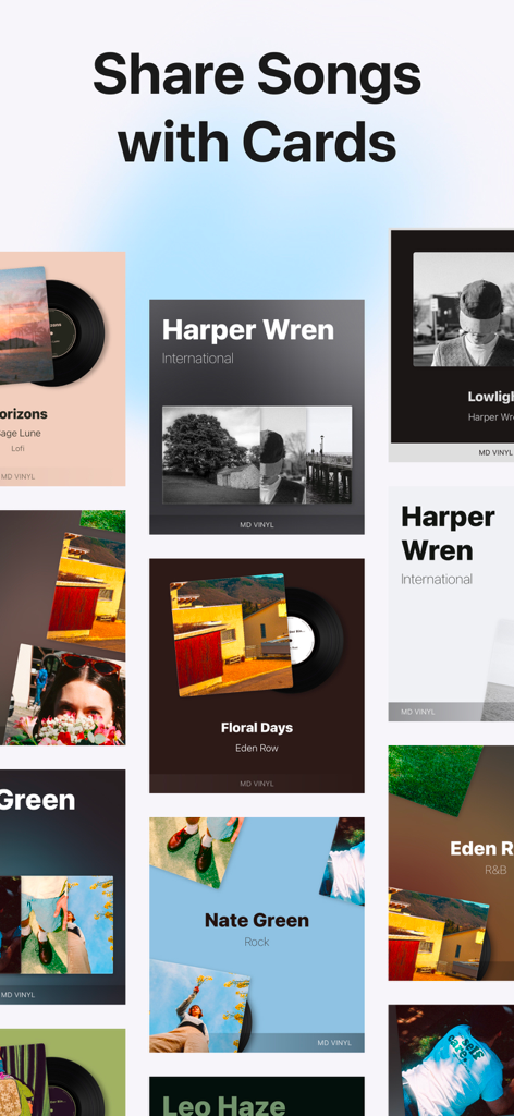 A collection of aesthetic music sharing cards from the MD Vinyl app featuring artist names and vinyl record designs.
