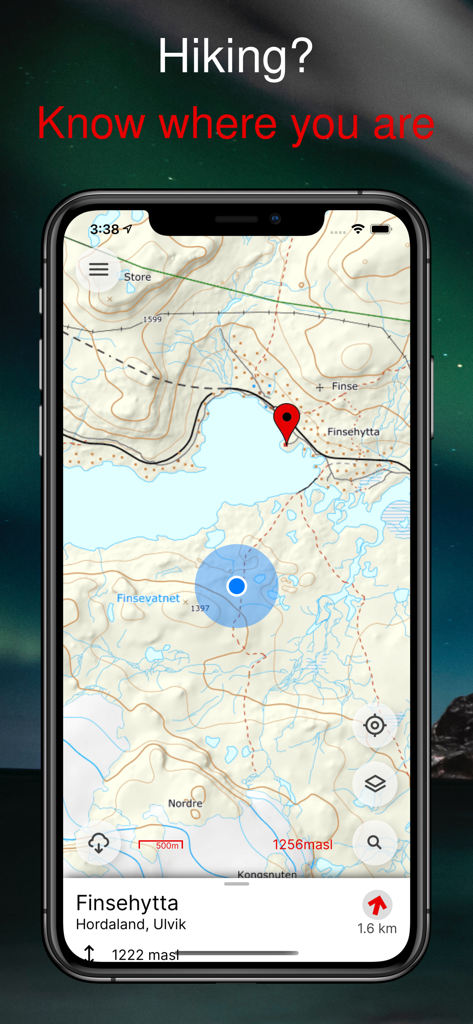 Detailed topographic hiking map of Finsehytta in Norway shown on the Norgeskart mobile app interface